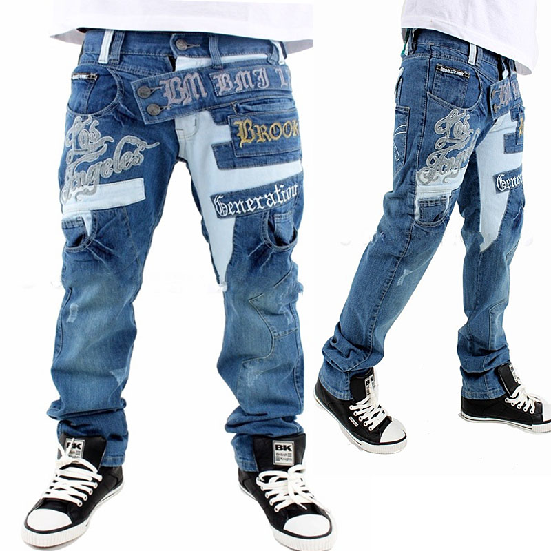 Blue baggy hip hop jeans with original patterns